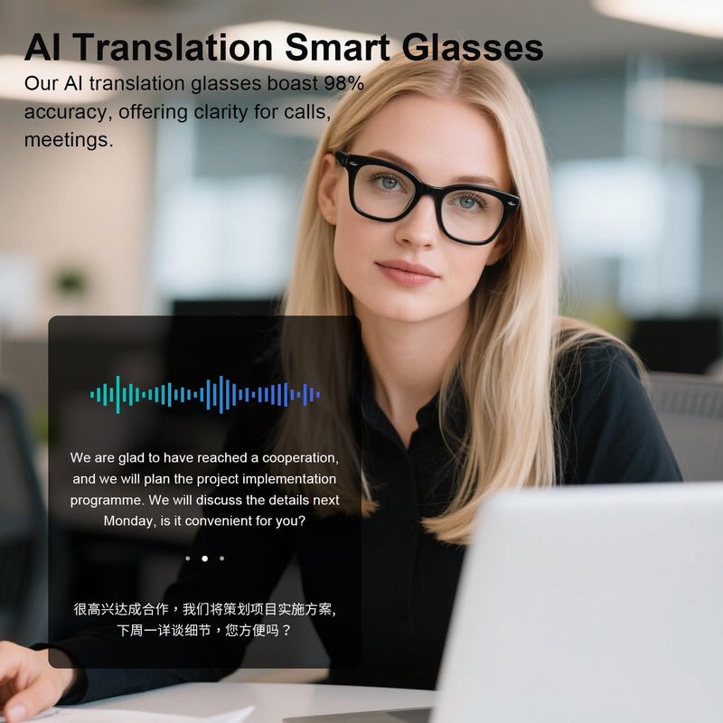 PADOM AI Smart Translation Glasses, Noise Reduction & Anti-Blue Light, Powered By GPT, Support 165+ Languages Multi-Functional Translator Glasses, Unisex Audio Bluetooth Glasses for Work, Travel & Study - Image 5